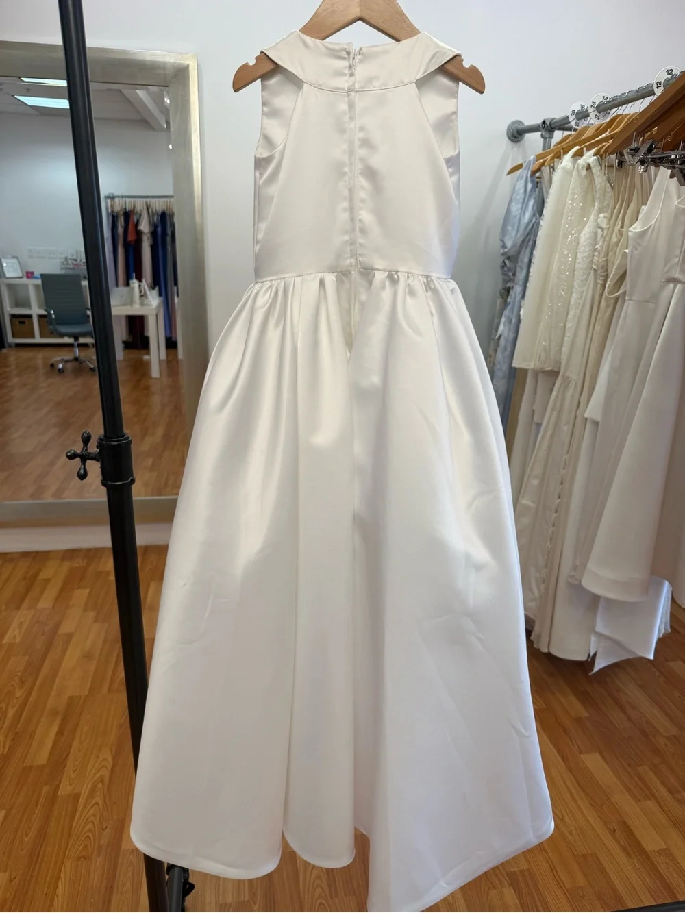 Amalee Classic White Satin Flower Girl Dress with Beaded Waist
